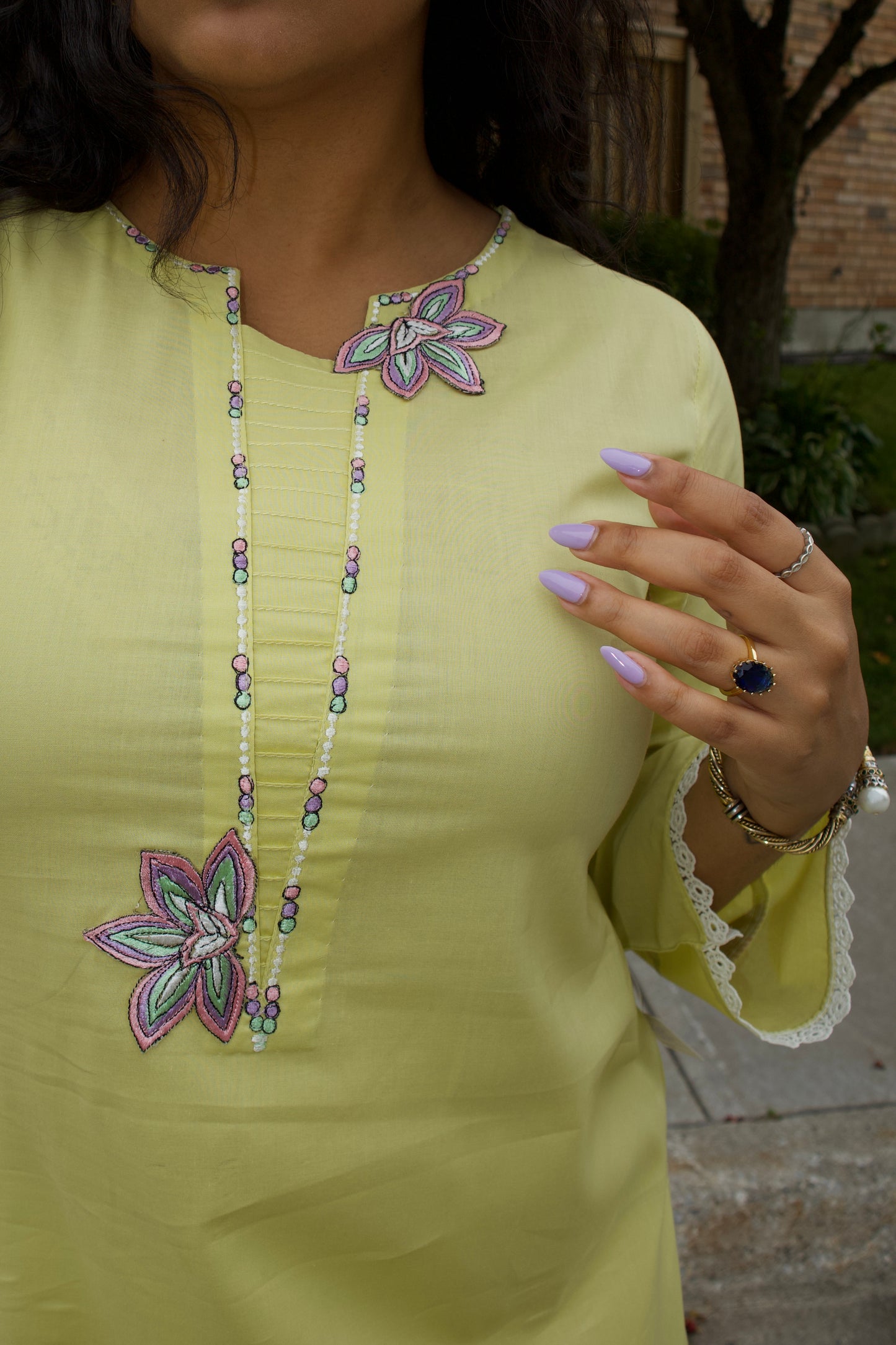 Lime Pop & White: Embroidered Cotton Two-Piece Suit