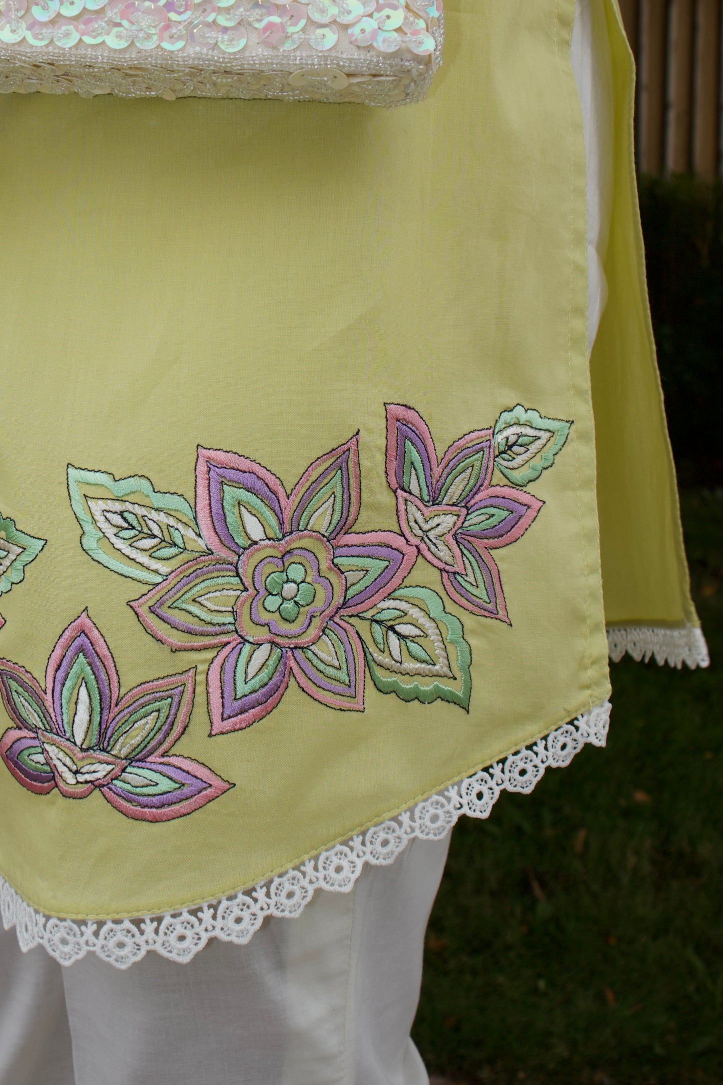 Lime Pop & White: Embroidered Cotton Two-Piece Suit