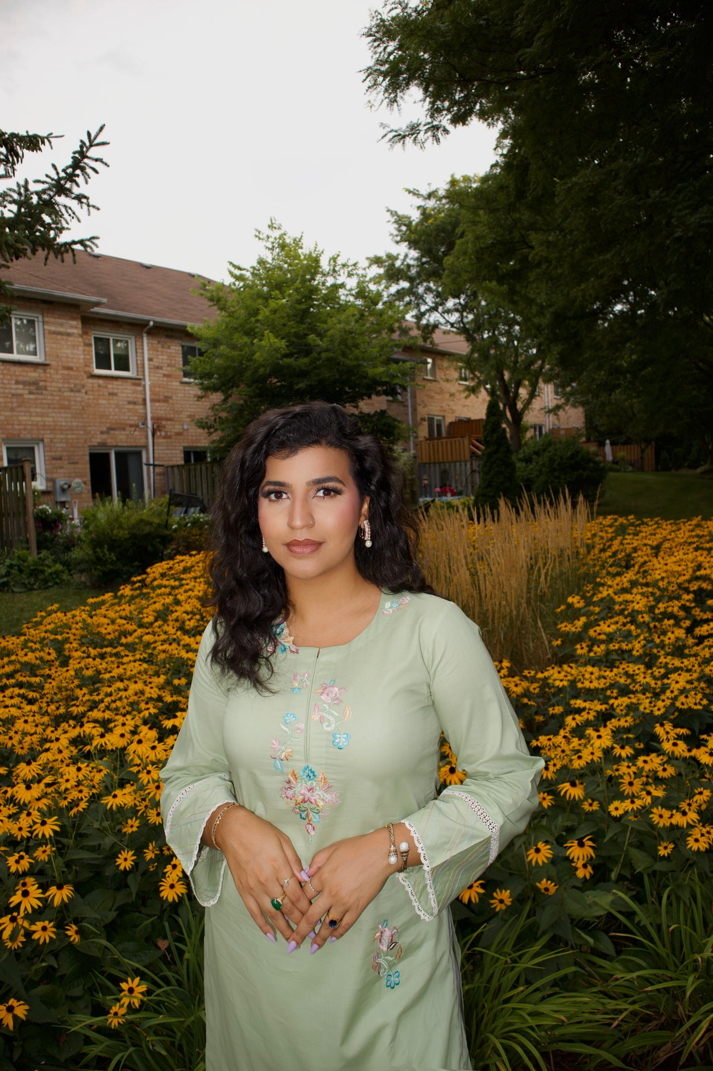 Green Bareeze & White: Embroidered Cotton Two-Piece Suit