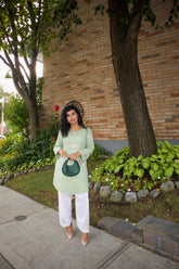 Green Bareeze & White: Embroidered Cotton Two-Piece Suit