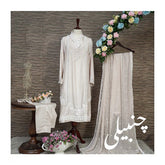 Chambeli Serenity: Embellished Cotton Net Dress with Chiffon Dupatta