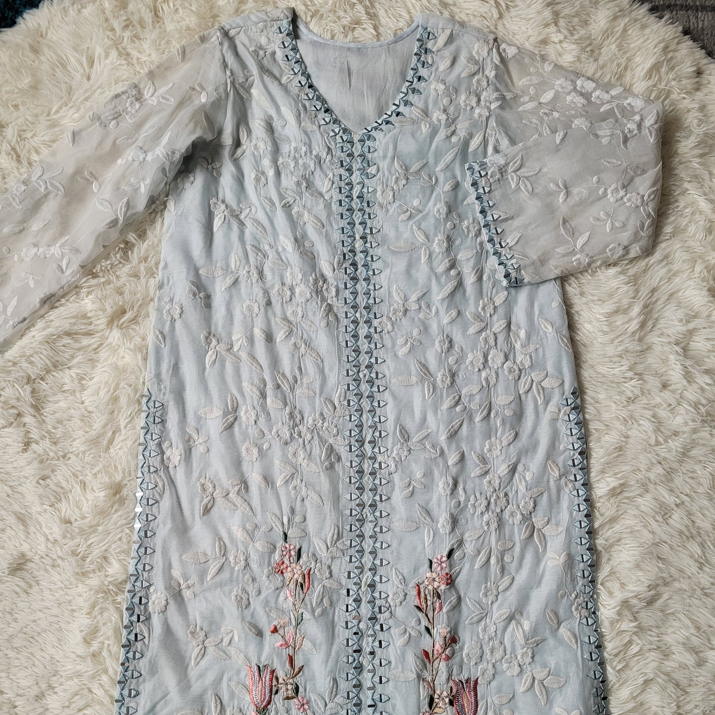 Light Sky Blue Embroidered Cotton Net Suit with Printed Organza
