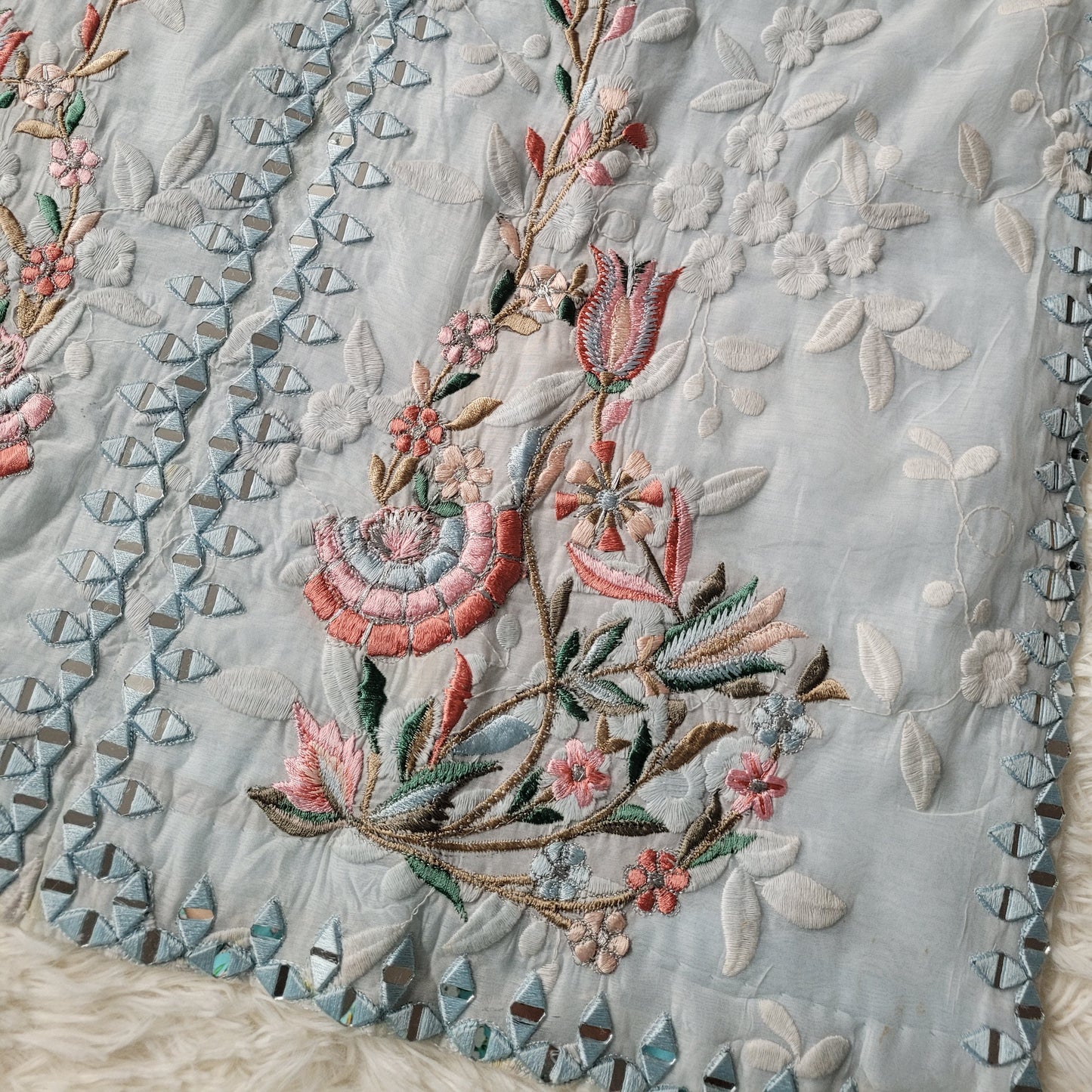 Light Sky Blue Embroidered Cotton Net Suit with Printed Organza