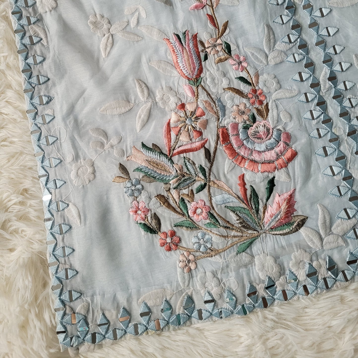 Light Sky Blue Embroidered Cotton Net Suit with Printed Organza