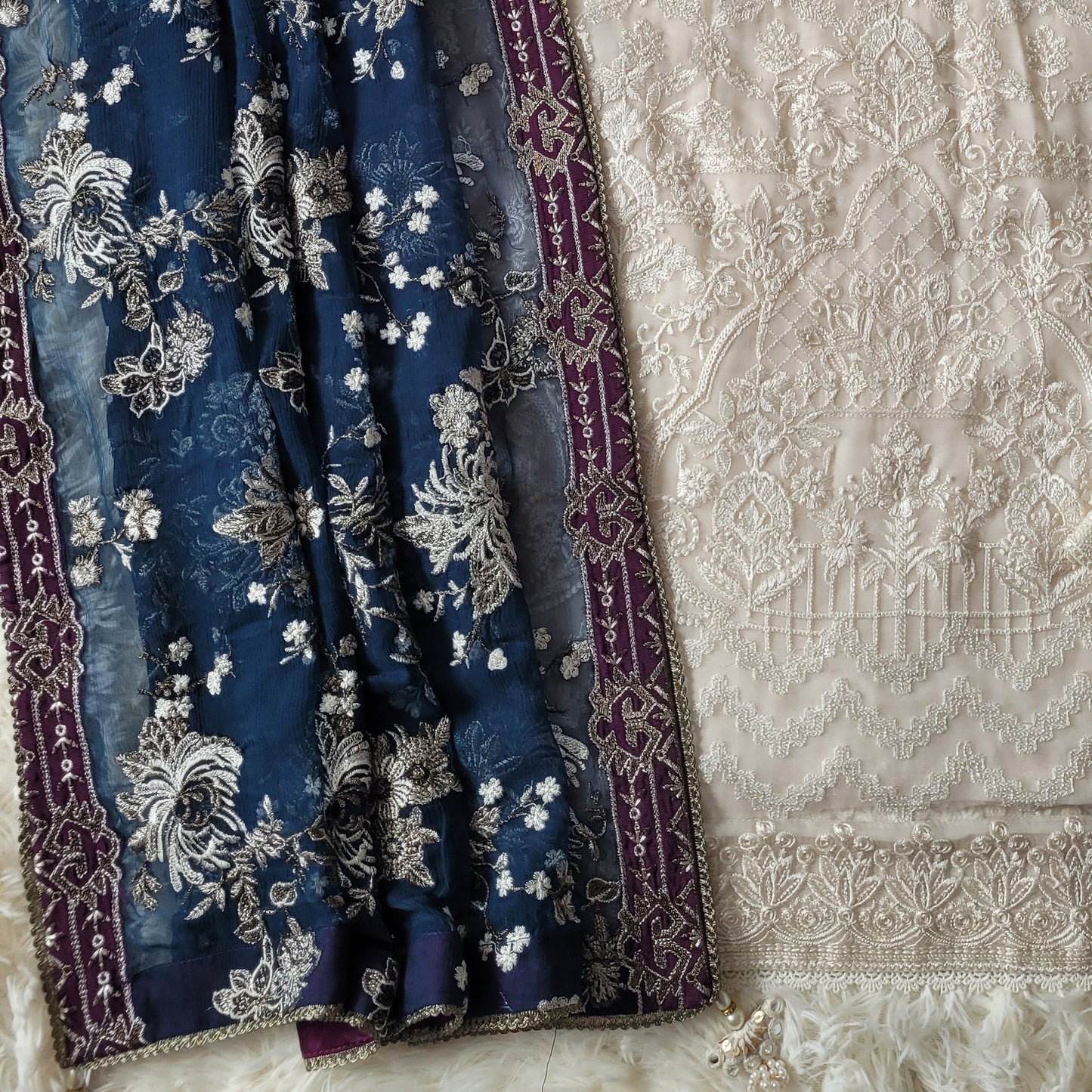 Baroque Ivory Charm: Chiffon & Rawsilk Three-Piece