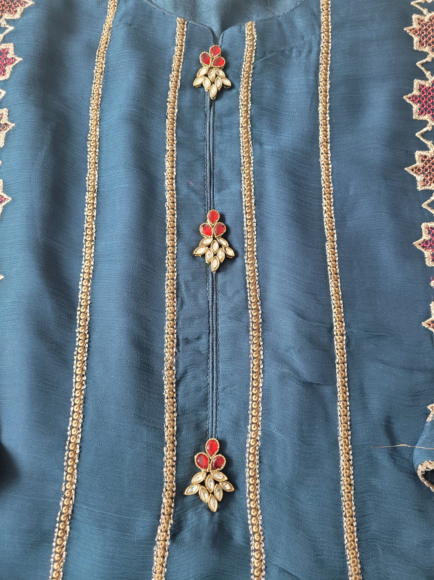 Teal Splendor: Embroidered Crinkle Chiffon & Rawsilk Suit