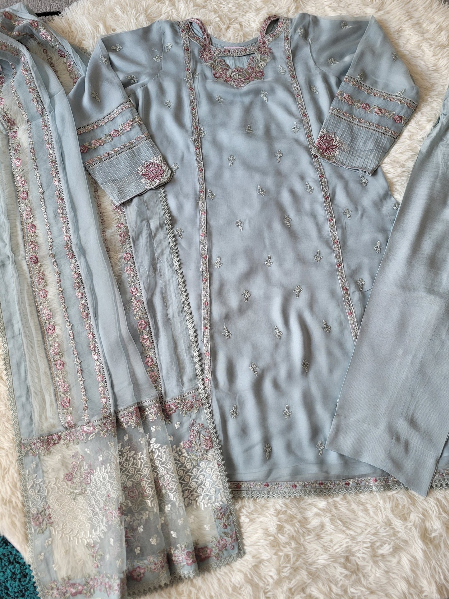 Formal 6Baroque Sky: Chiffon & Rawsilk Embroidered Set