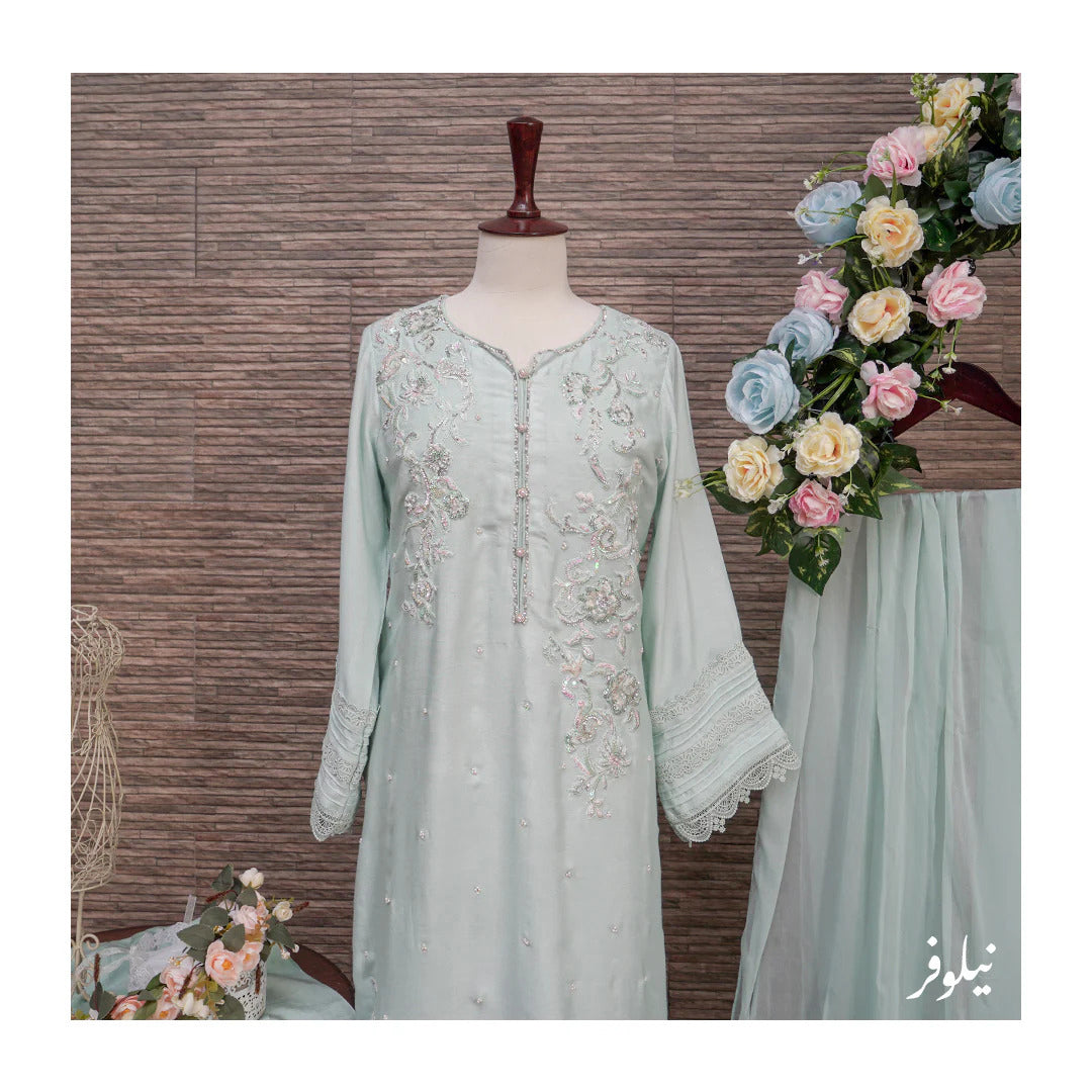 Neelofer Ice Blue Radiance: Embellished Cotton Net Dress