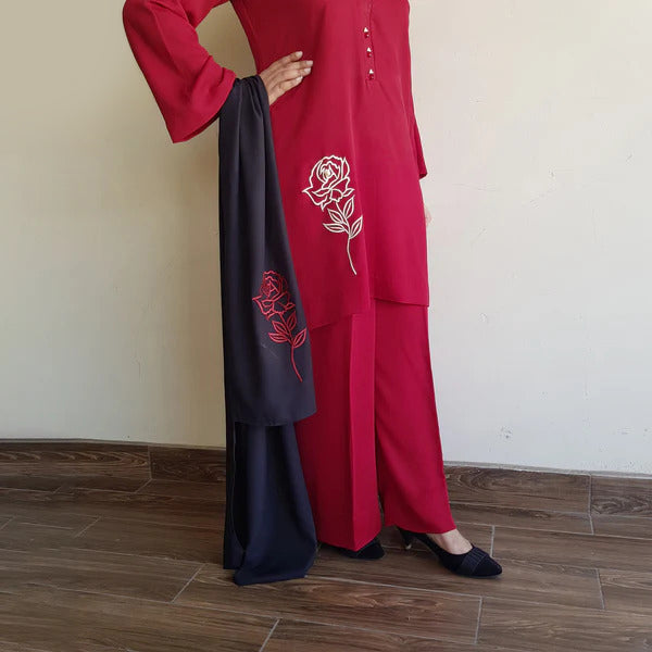 Crimson Rose: Embroidered Georgette Set