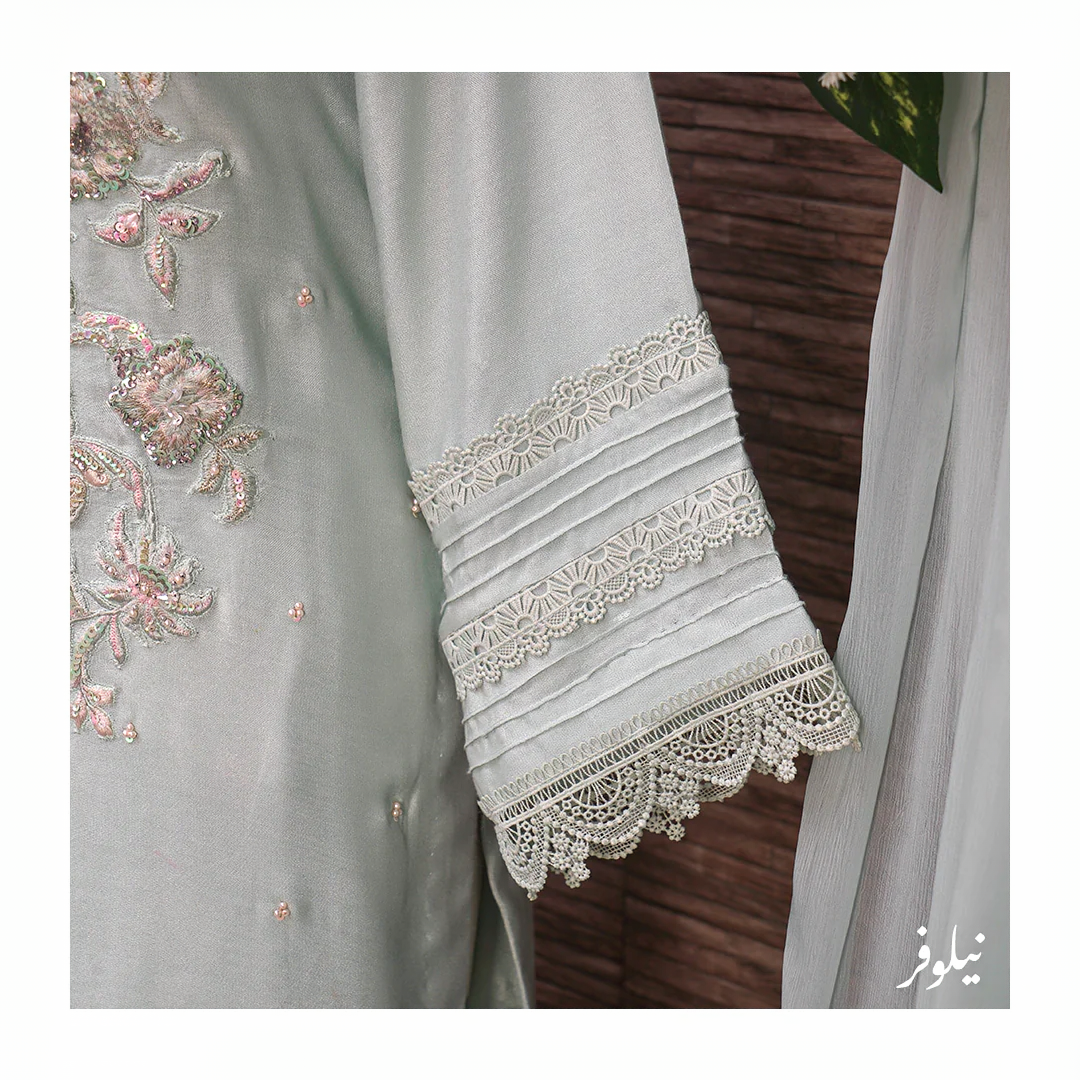Neelofer Ice Blue Radiance: Embellished Cotton Net Dress