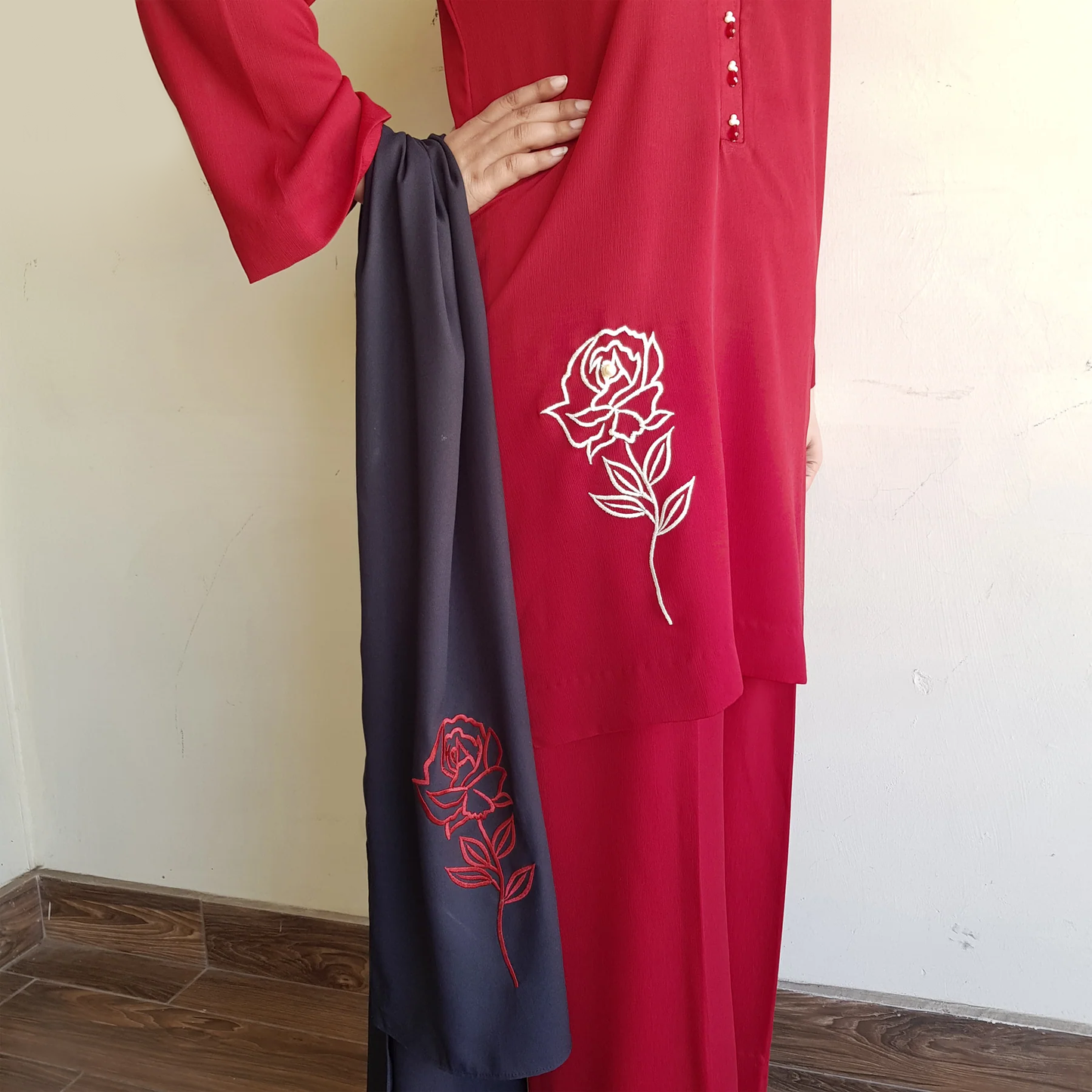 Crimson Rose: Embroidered Georgette Set