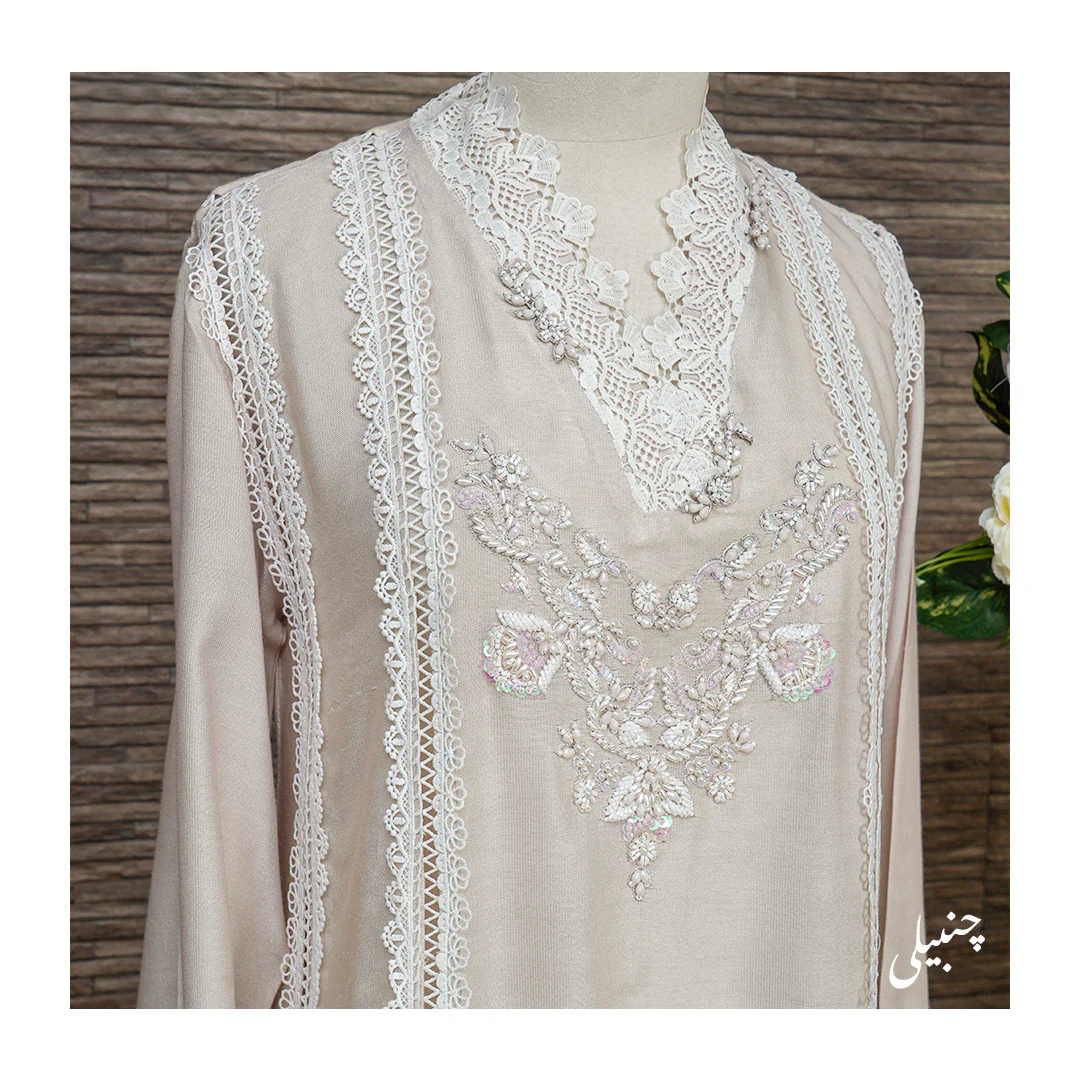 Chambeli Serenity: Embellished Cotton Net Dress with Chiffon Dupatta