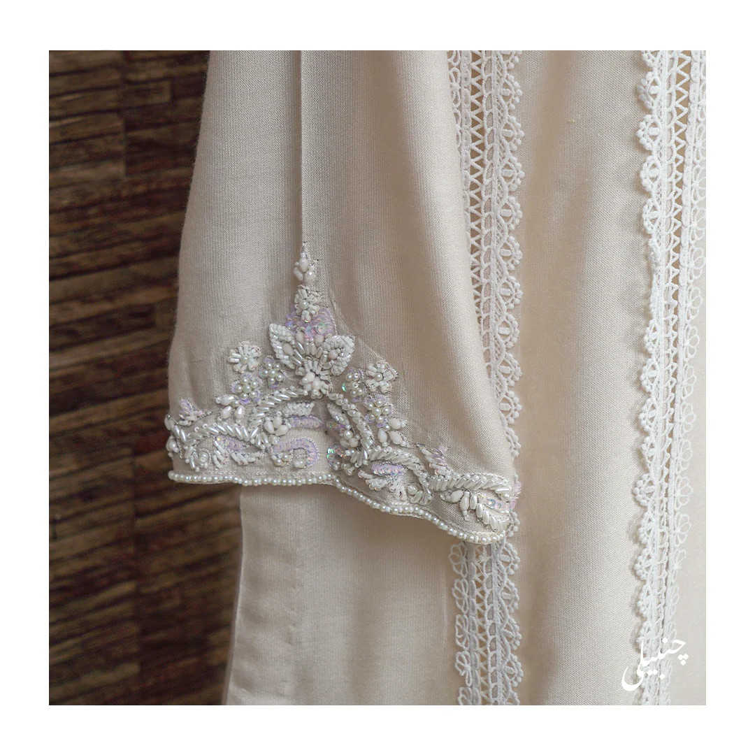 Chambeli Serenity: Embellished Cotton Net Dress with Chiffon Dupatta