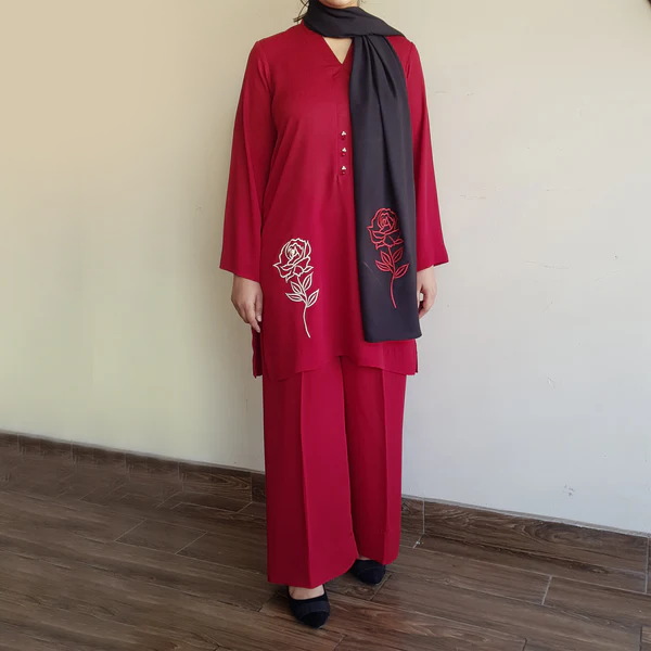 Crimson Rose: Embroidered Georgette Set