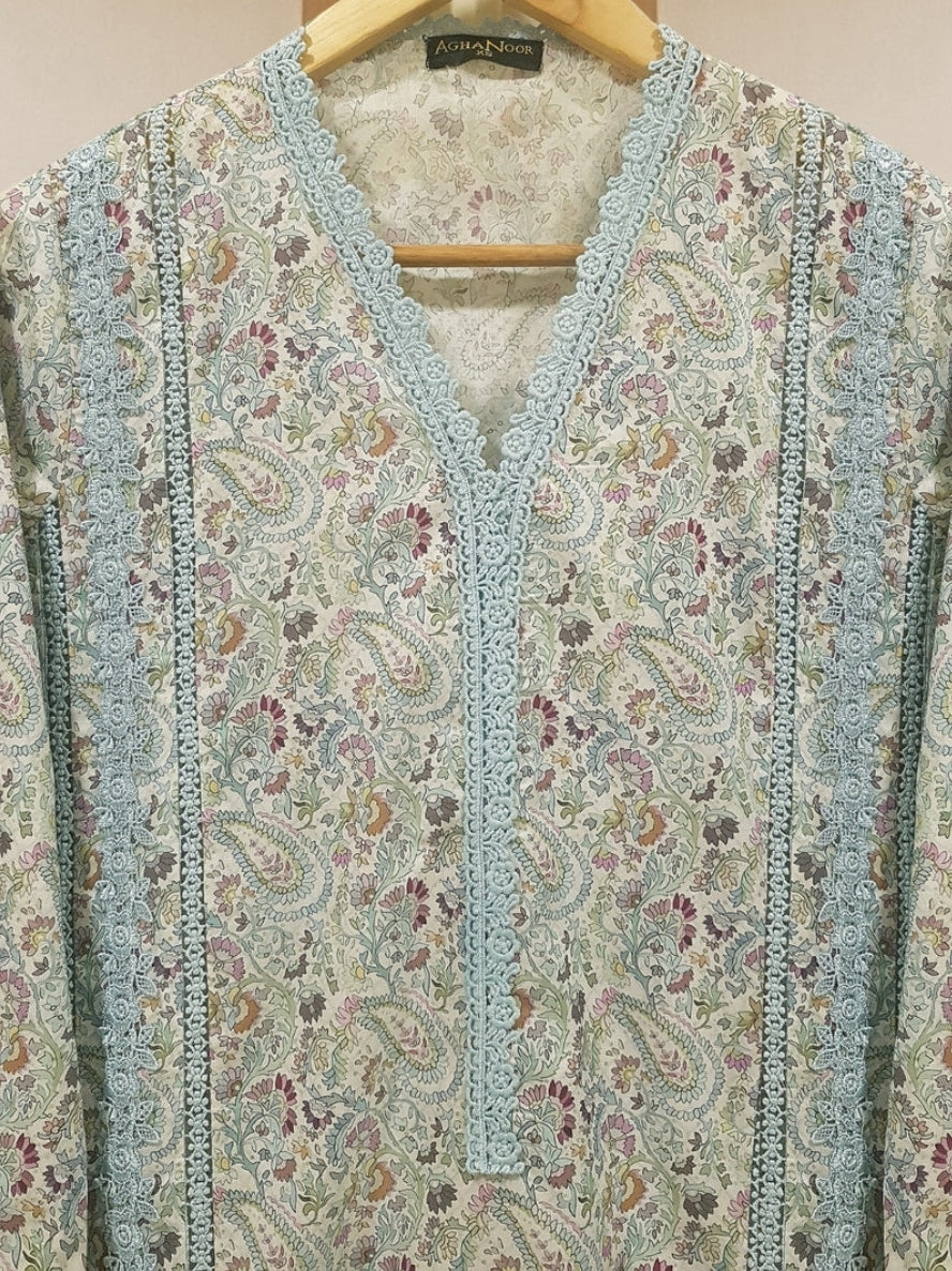 Agha Noor Cool Grey Printed Lawn Suit with Dupatta