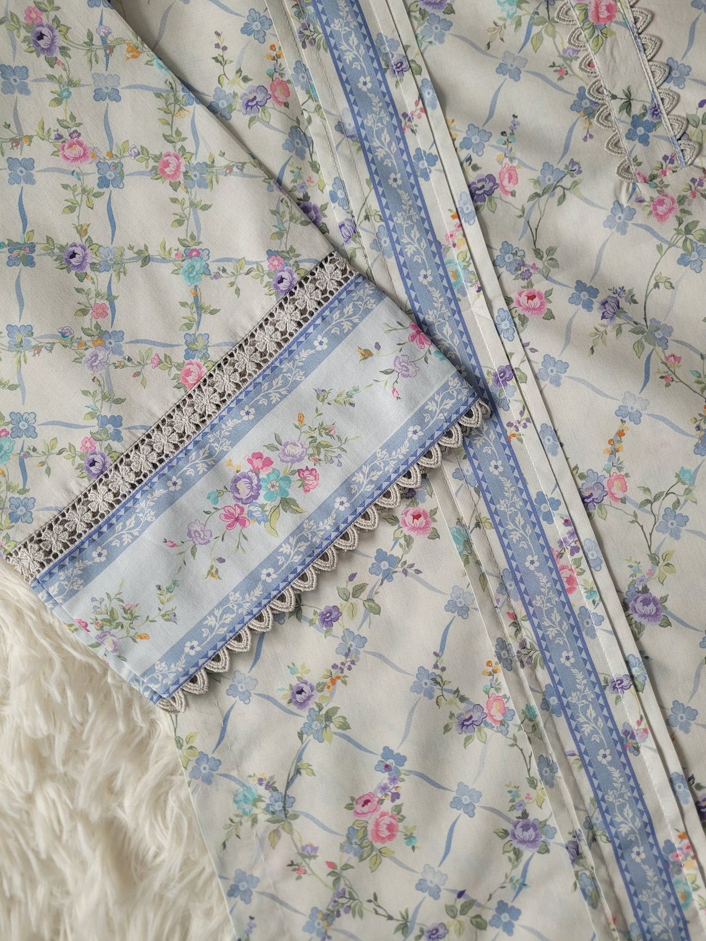 Agha Noor Ivory Lattice: Printed Cambric Shirt with Blue Accents