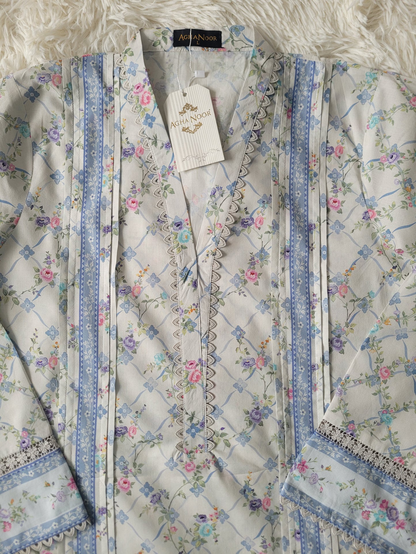 Agha Noor Ivory Lattice: Printed Cambric Shirt with Blue Accents