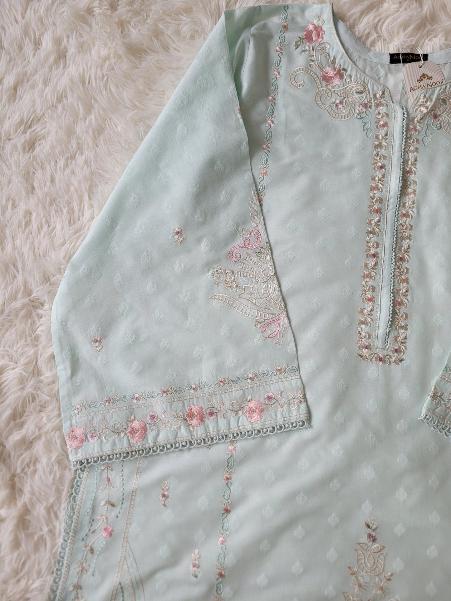 Agha Noor Mint Bloom Heavily Embroidered Lawn Shirt