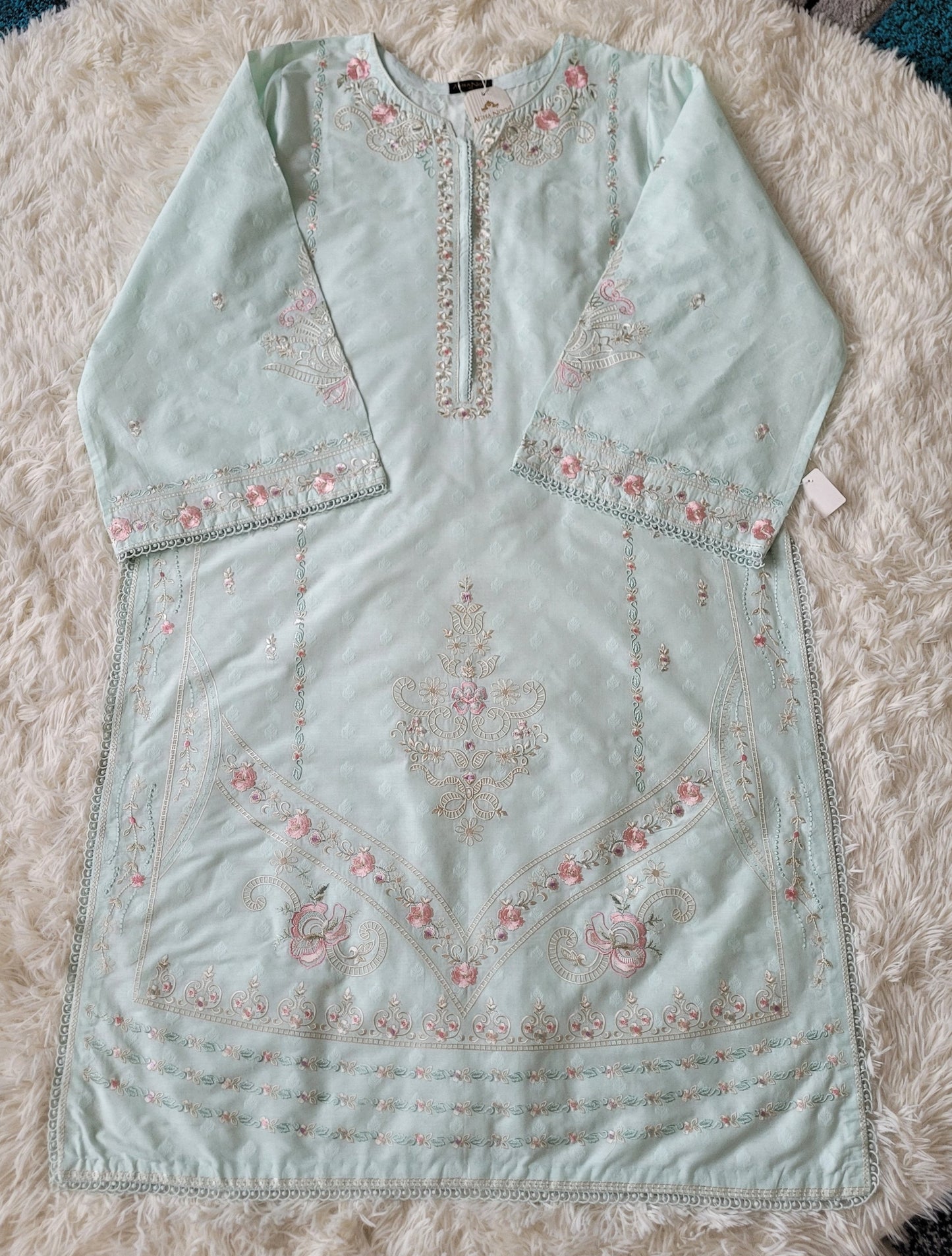 Agha Noor Mint Bloom Heavily Embroidered Lawn Shirt