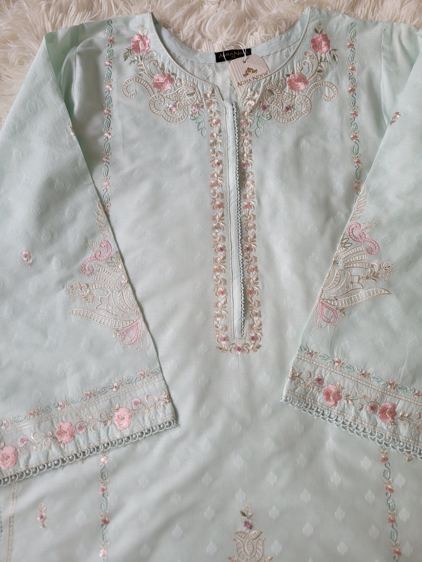 Agha Noor Mint Bloom Heavily Embroidered Lawn Shirt
