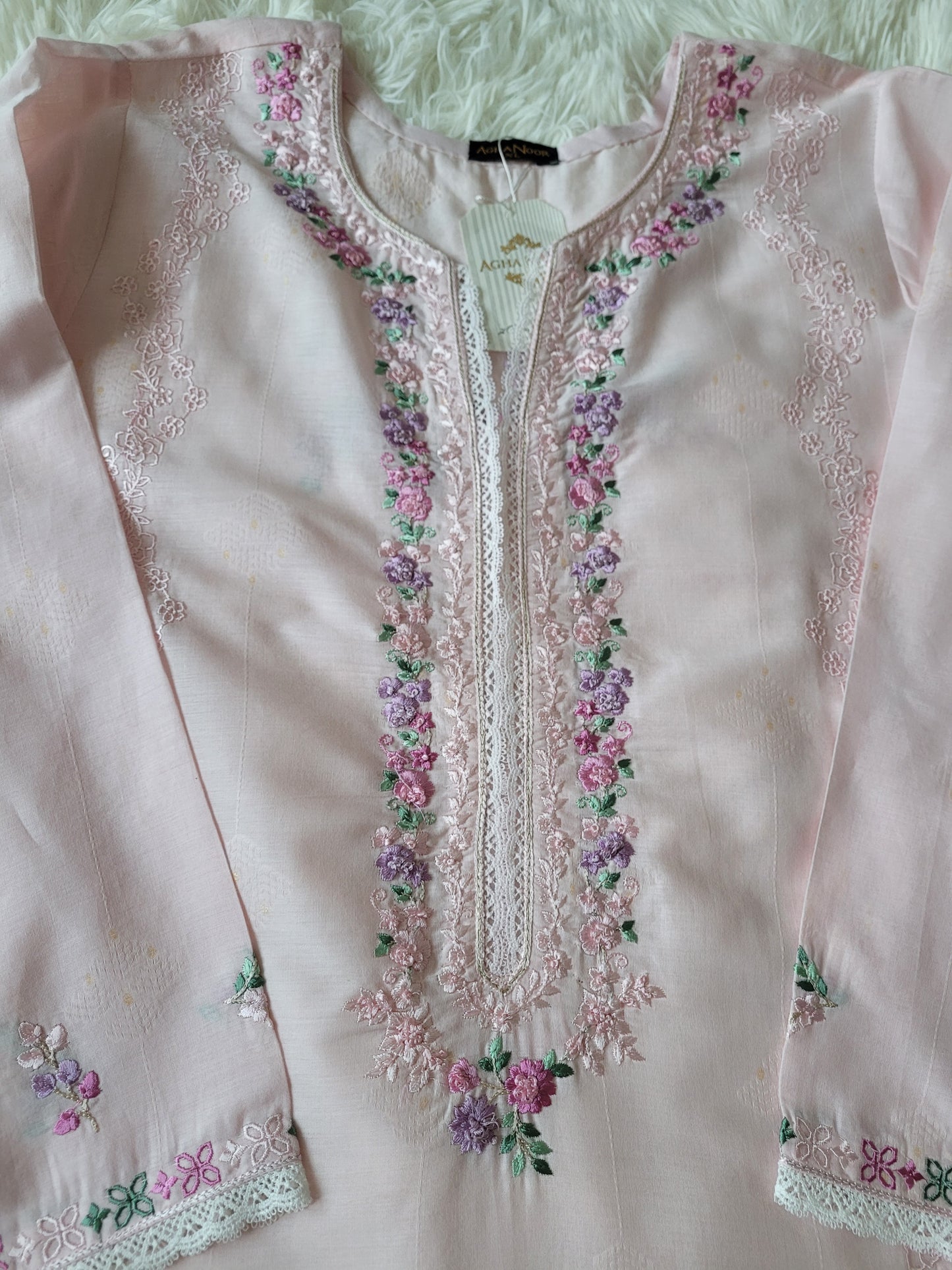Agha Noor Blossom Pink Embroidered Lawn Shirt with Lace Accents