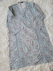 Agha Noor Grey Paisley: Printed Lawn Shirt with Aqua Lace