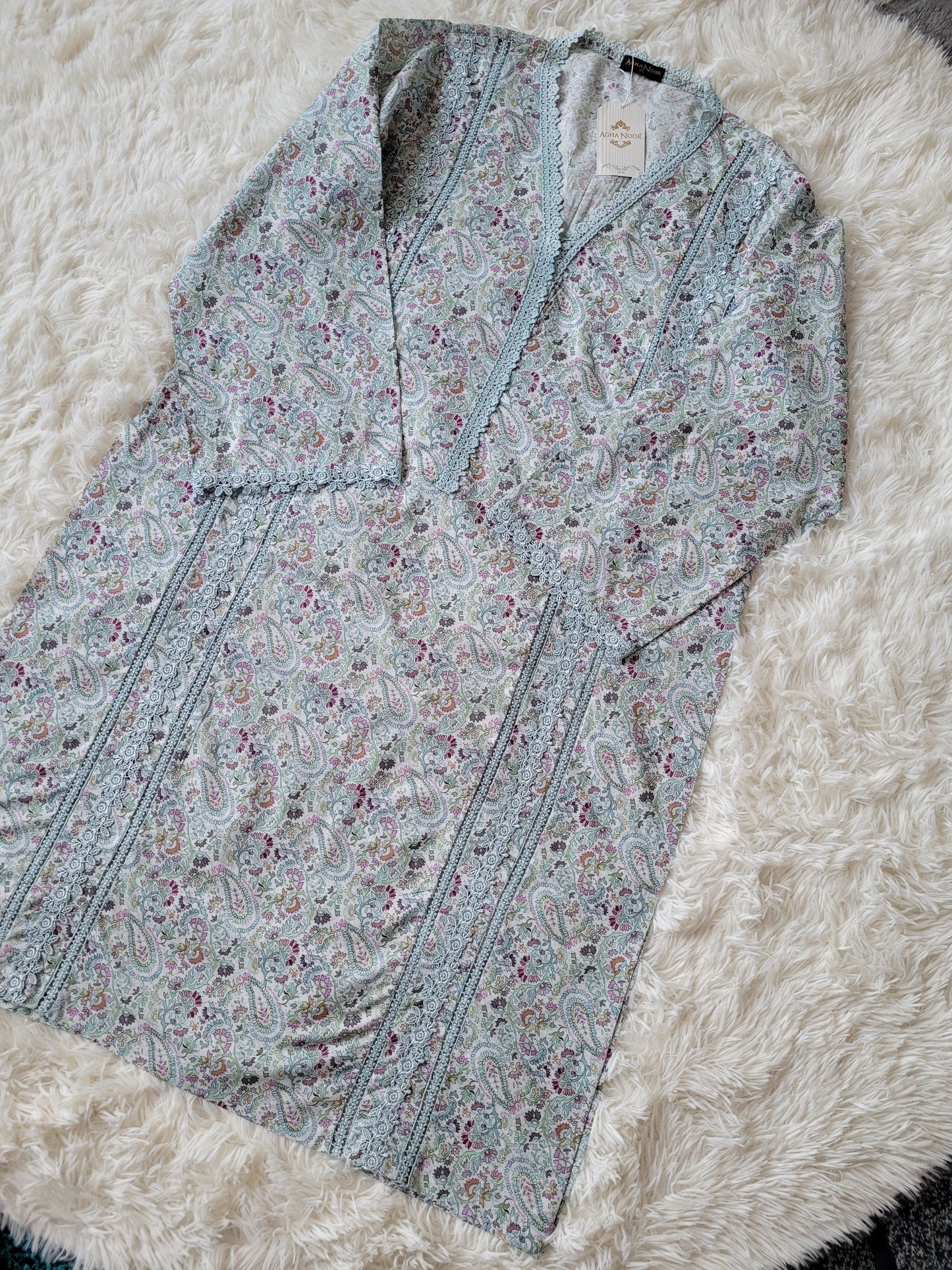 Agha Noor Grey Paisley: Printed Lawn Shirt with Aqua Lace