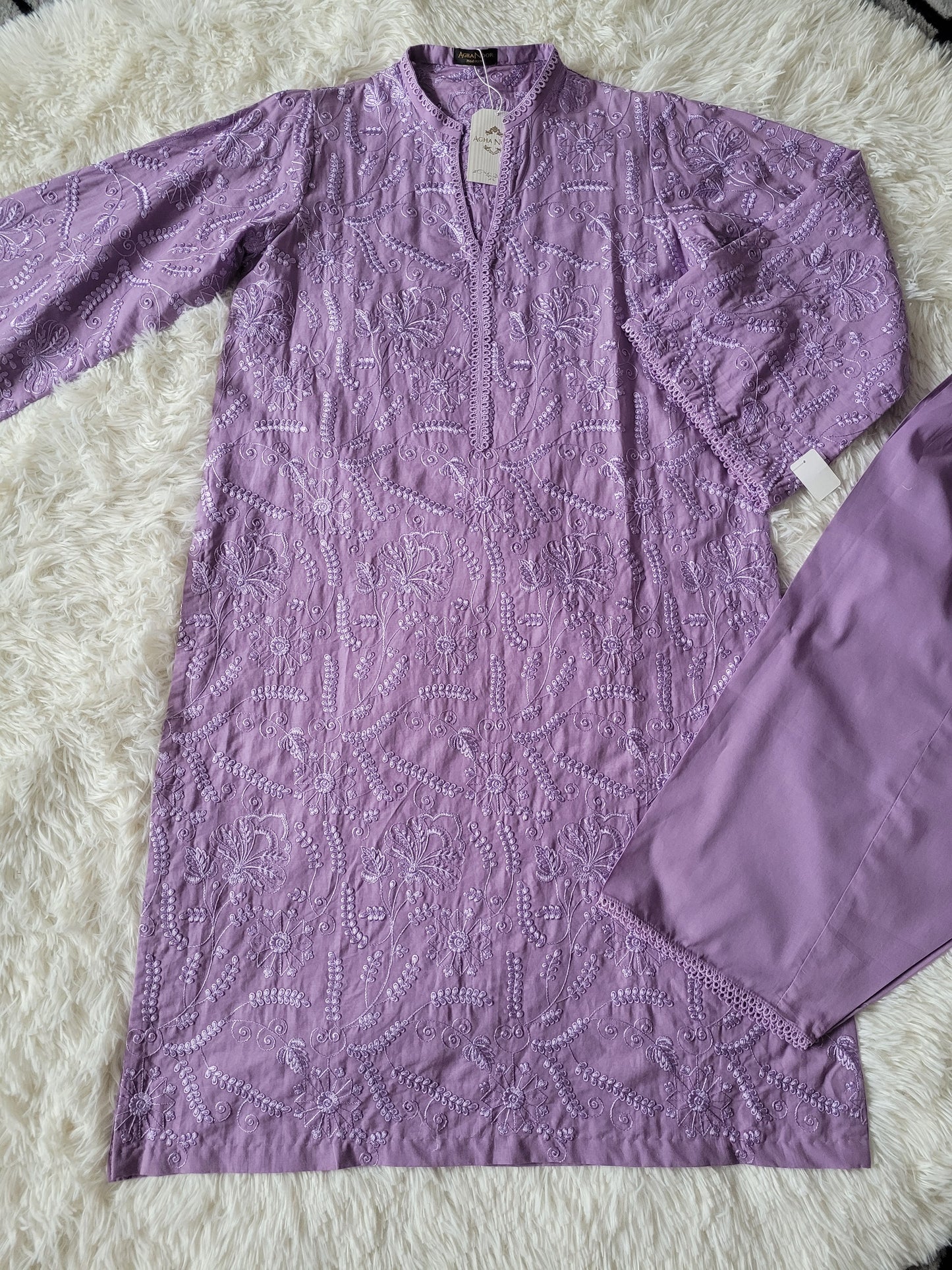 Agha Noor Lavender Embroidered Lawn Suit with printed Silk Dupatta