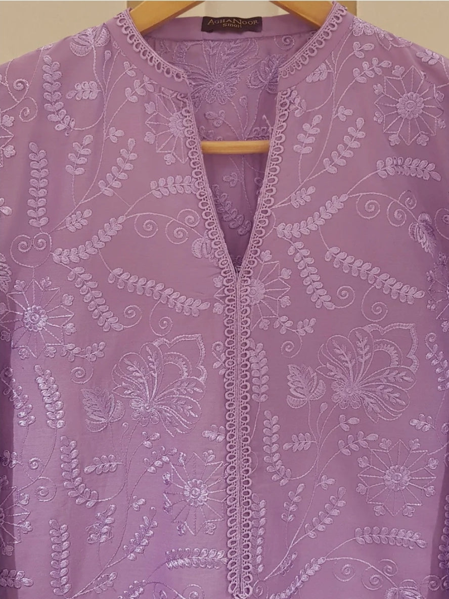 Agha Noor Lavender Embroidered Lawn Suit with printed Silk Dupatta