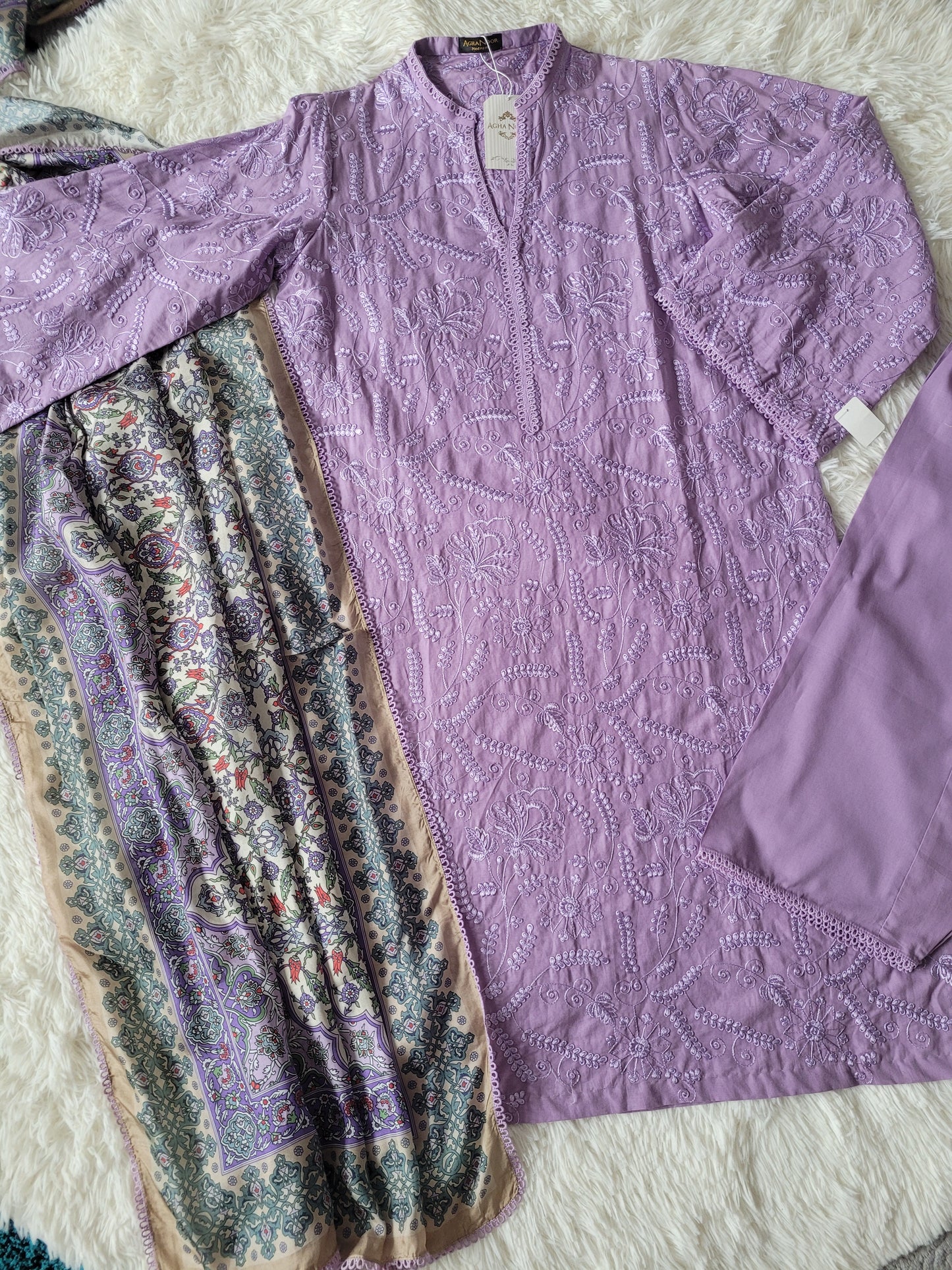 Agha Noor Lavender Embroidered Lawn Suit with printed Silk Dupatta