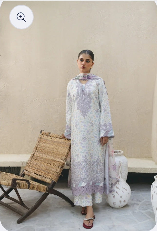 Aabyaan Lilac Meadow: Embroidered Printed Lawn Suit with Floral Dupatta