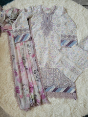 Aabyaan Lilac Meadow: Embroidered Printed Lawn Suit with Floral Dupatta
