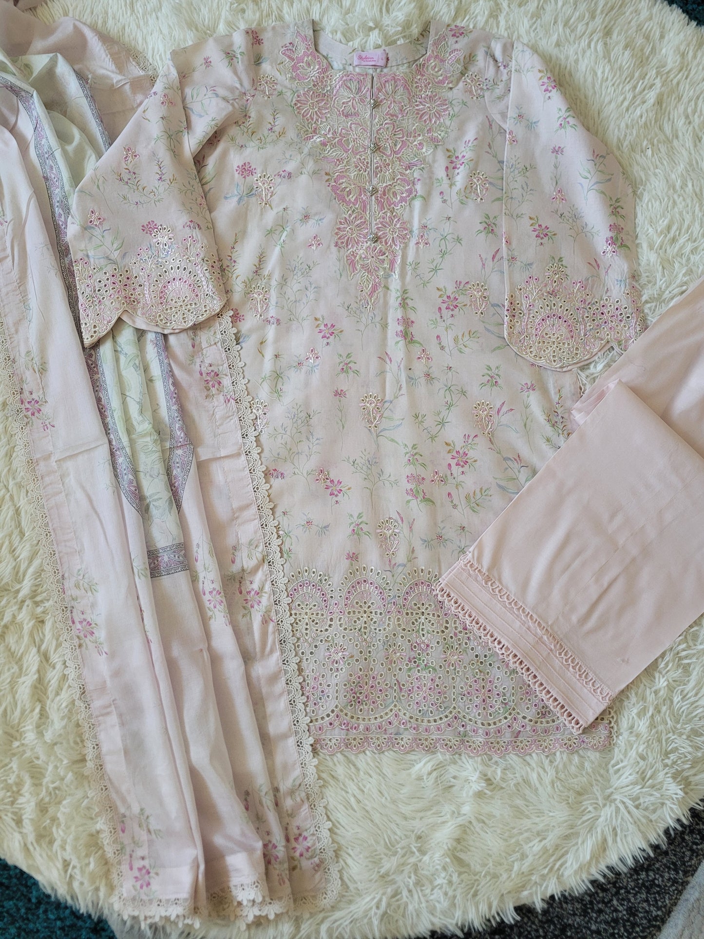 Aabyaan Blush Petals: Embroidered Cutwork Lawn Suit