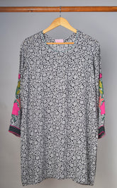 Black & White Floral Print Kurta with Applique Sleeves