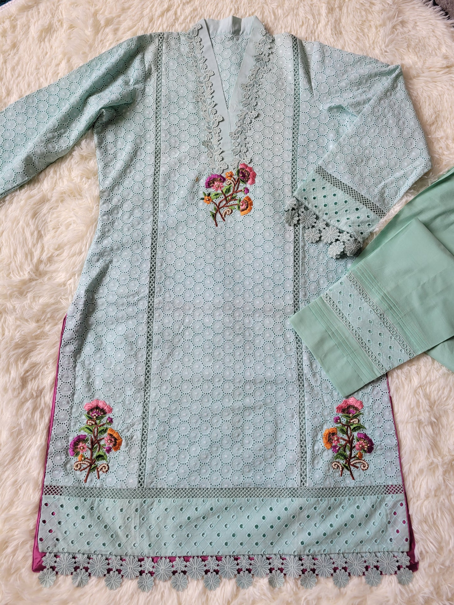 Aqua Bloom Chikankari Suit with Ombre Chiffon Dupatta