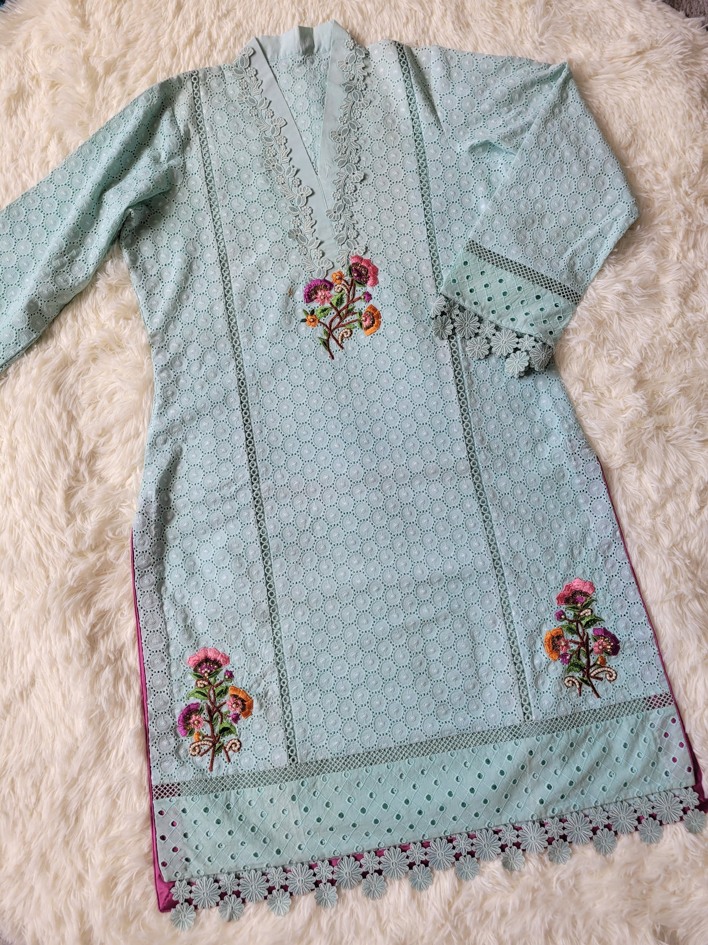Aqua Bloom Chikankari Suit with Ombre Chiffon Dupatta