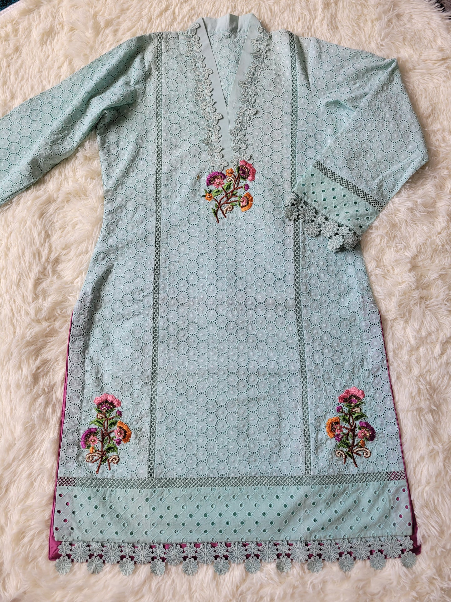 Aqua Bloom Chikankari Suit with Ombre Chiffon Dupatta