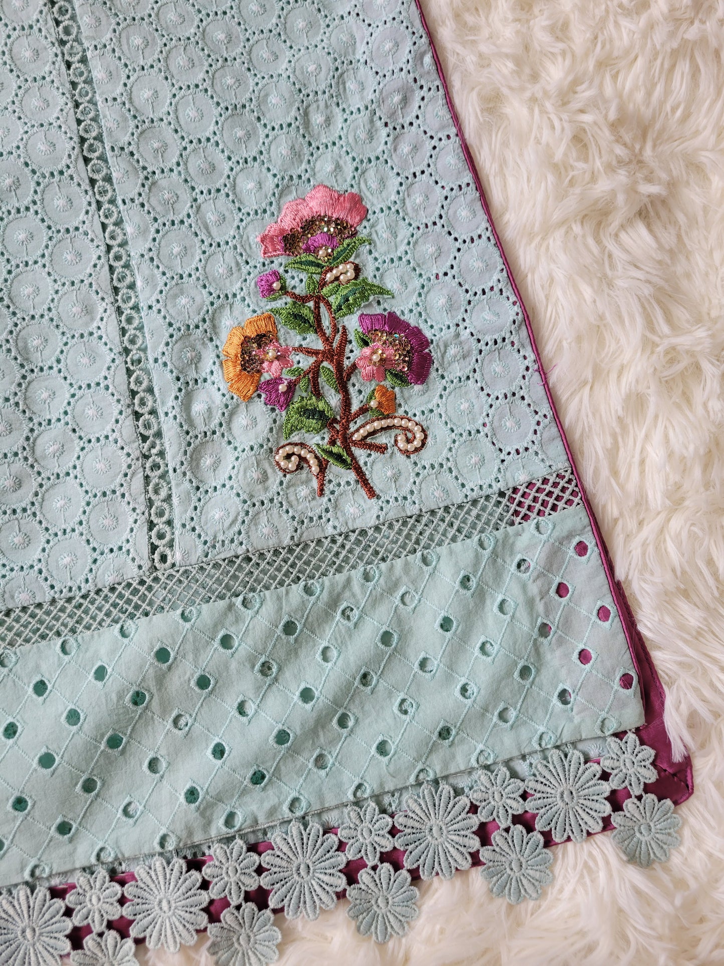 Aqua Bloom Chikankari Suit with Ombre Chiffon Dupatta