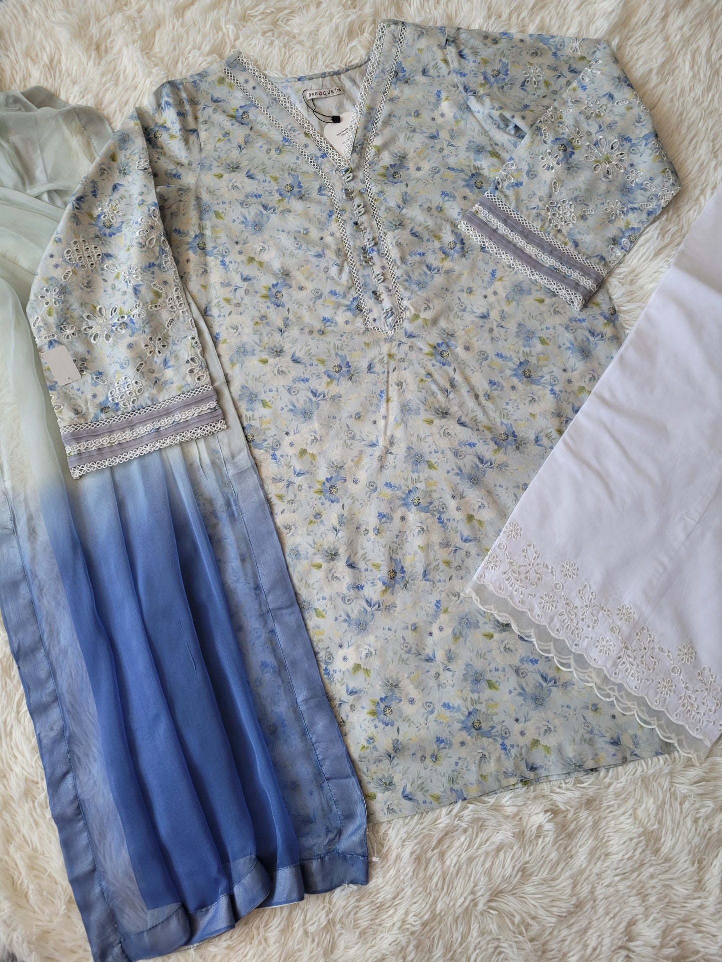 Baroque Grey Bloom: Embroidered Suit with Floral Dupatta