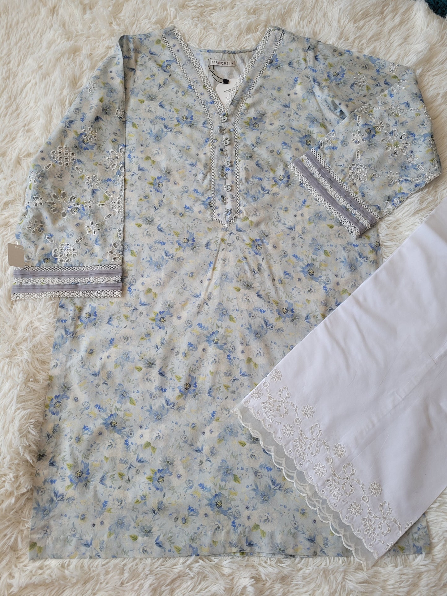 Baroque Grey Bloom: Embroidered Suit with Floral Dupatta