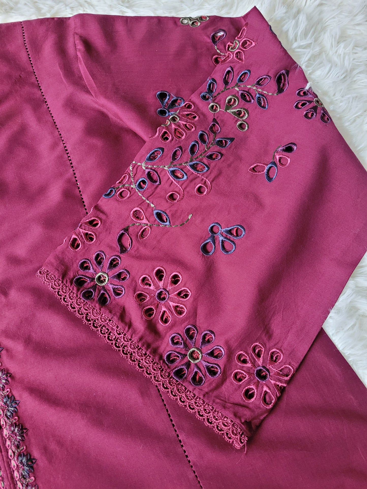 Burgundy Batik Flair: Embroidered Suit with Vibrant Dupatta
