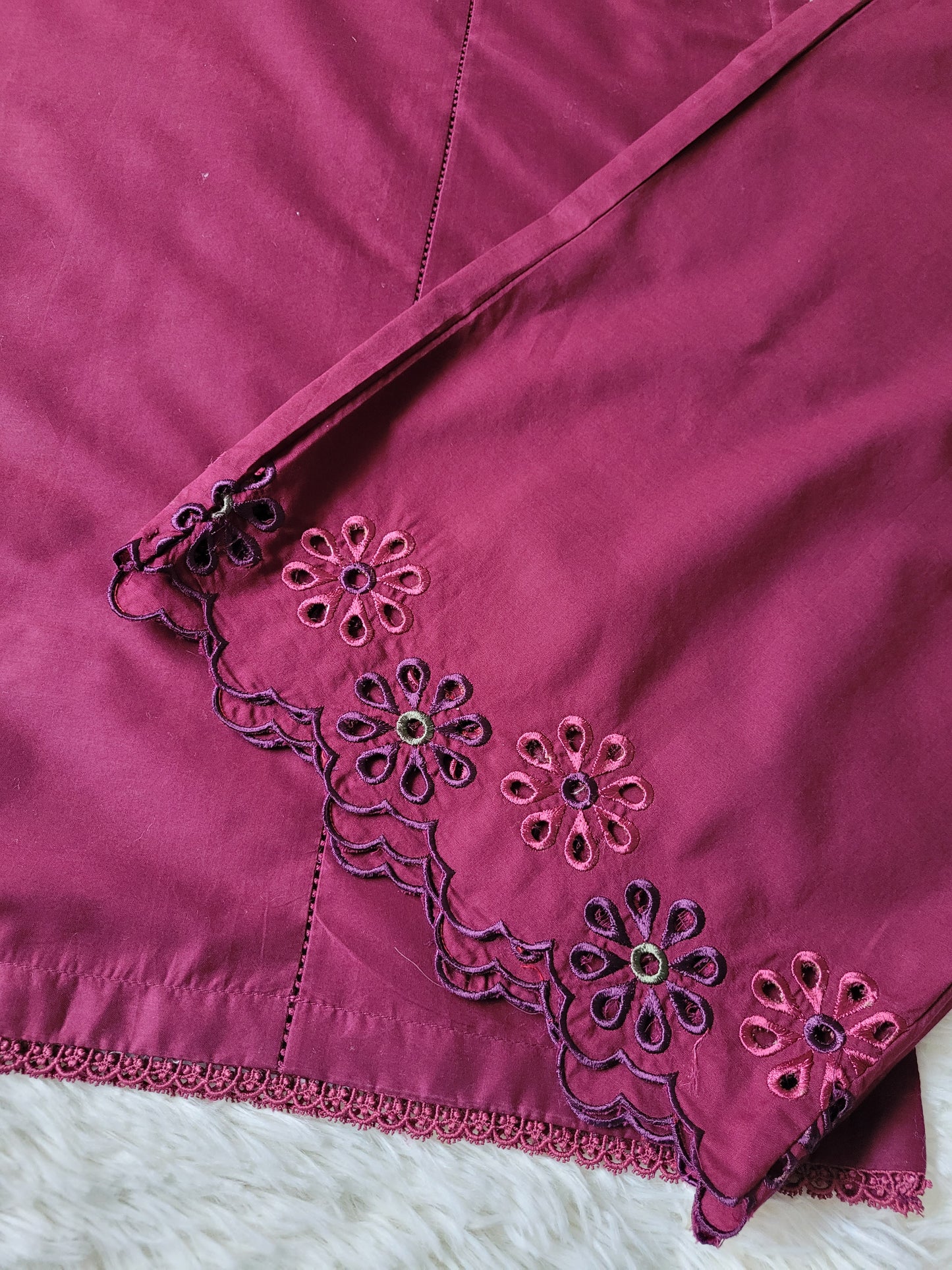 Burgundy Batik Flair: Embroidered Suit with Vibrant Dupatta
