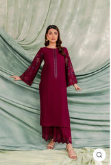 Burgundy Batik Flair: Embroidered Suit with Vibrant Dupatta