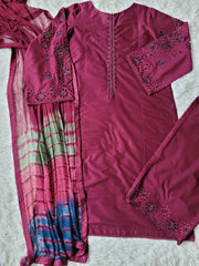 Burgundy Batik Flair: Embroidered Suit with Vibrant Dupatta