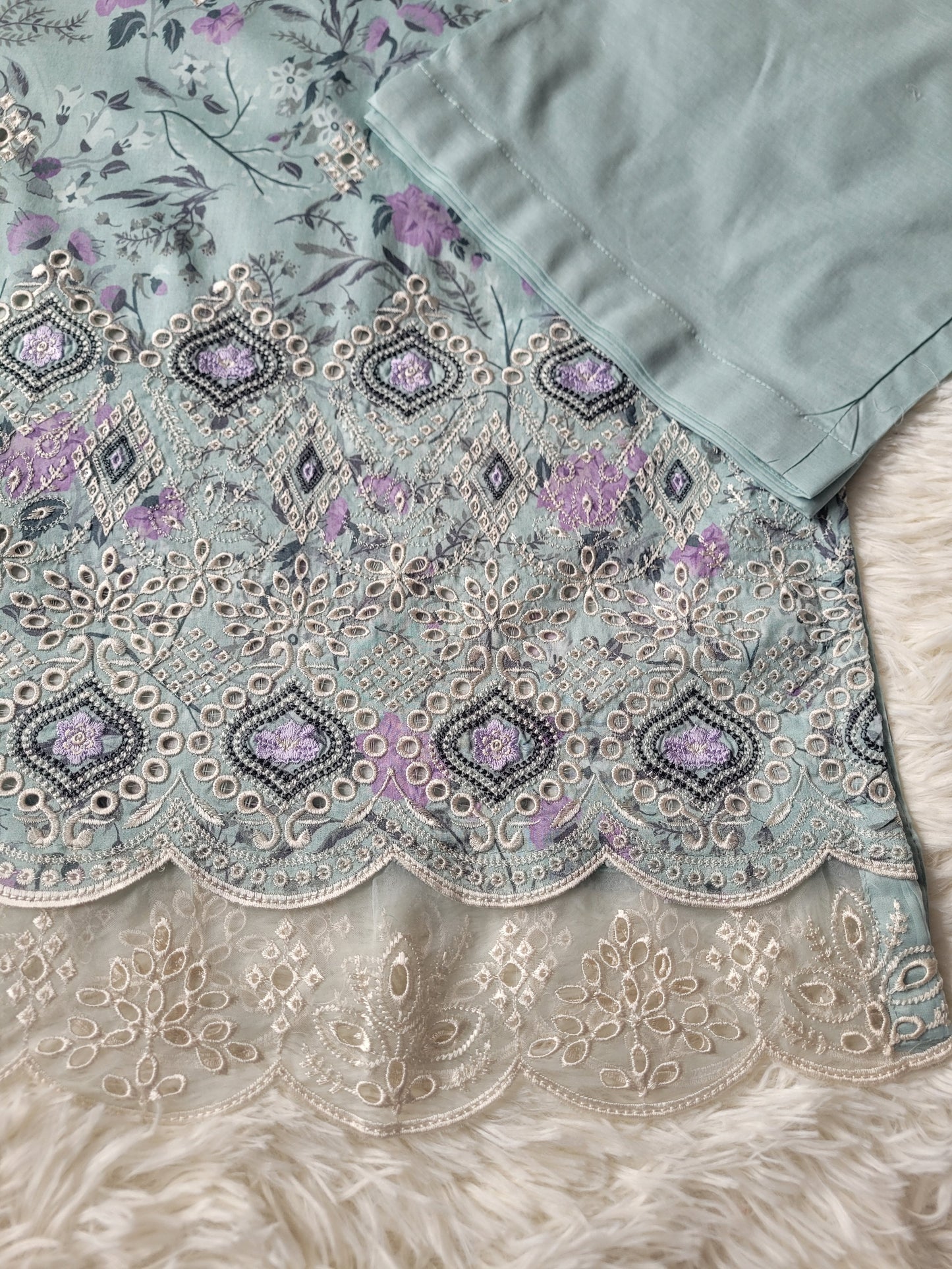 Bin Saeed Aqua Cascade: Printed Lawn Suit with Delicate Accents