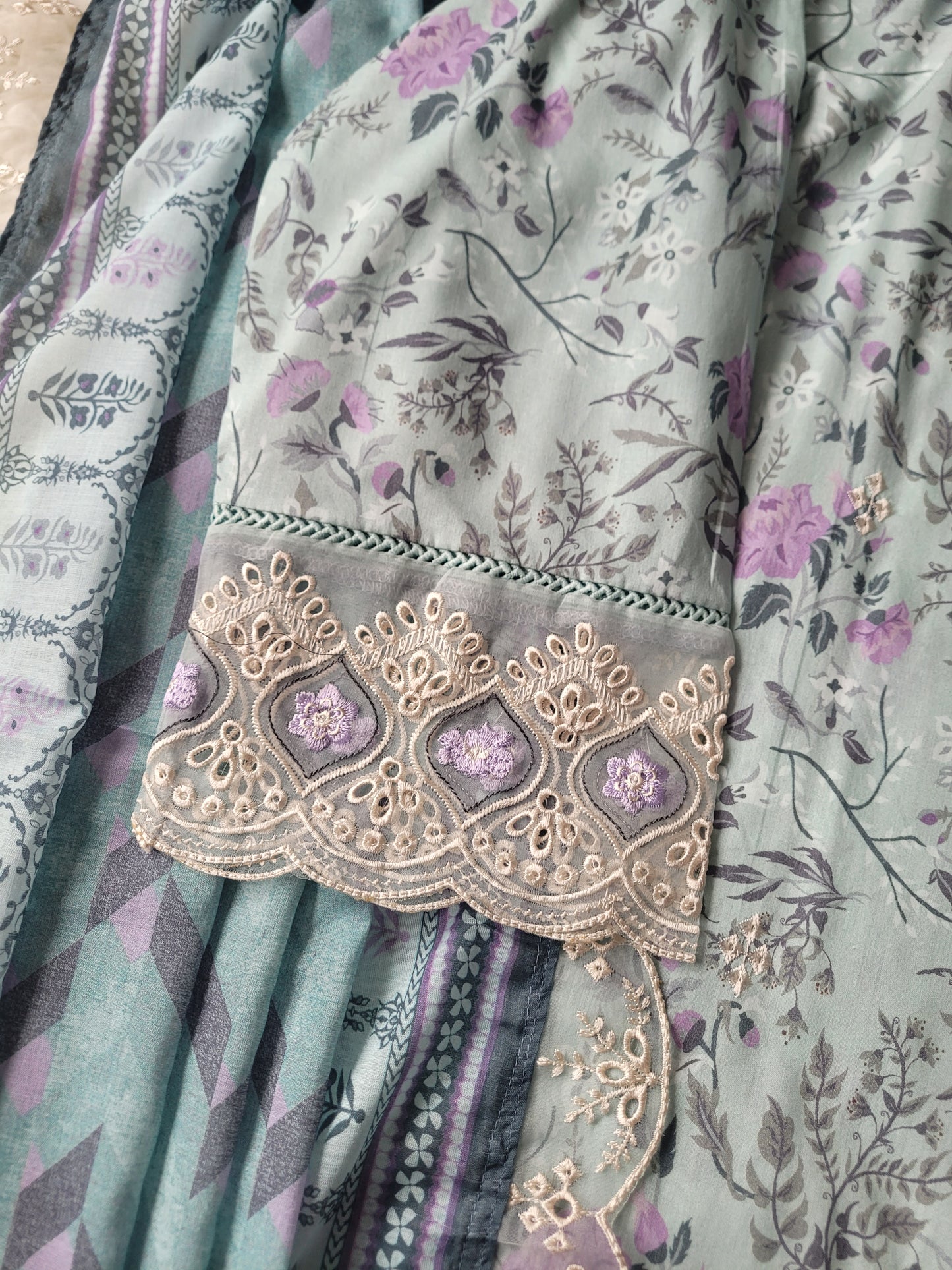 Bin Saeed Aqua Cascade: Printed Lawn Suit with Delicate Accents