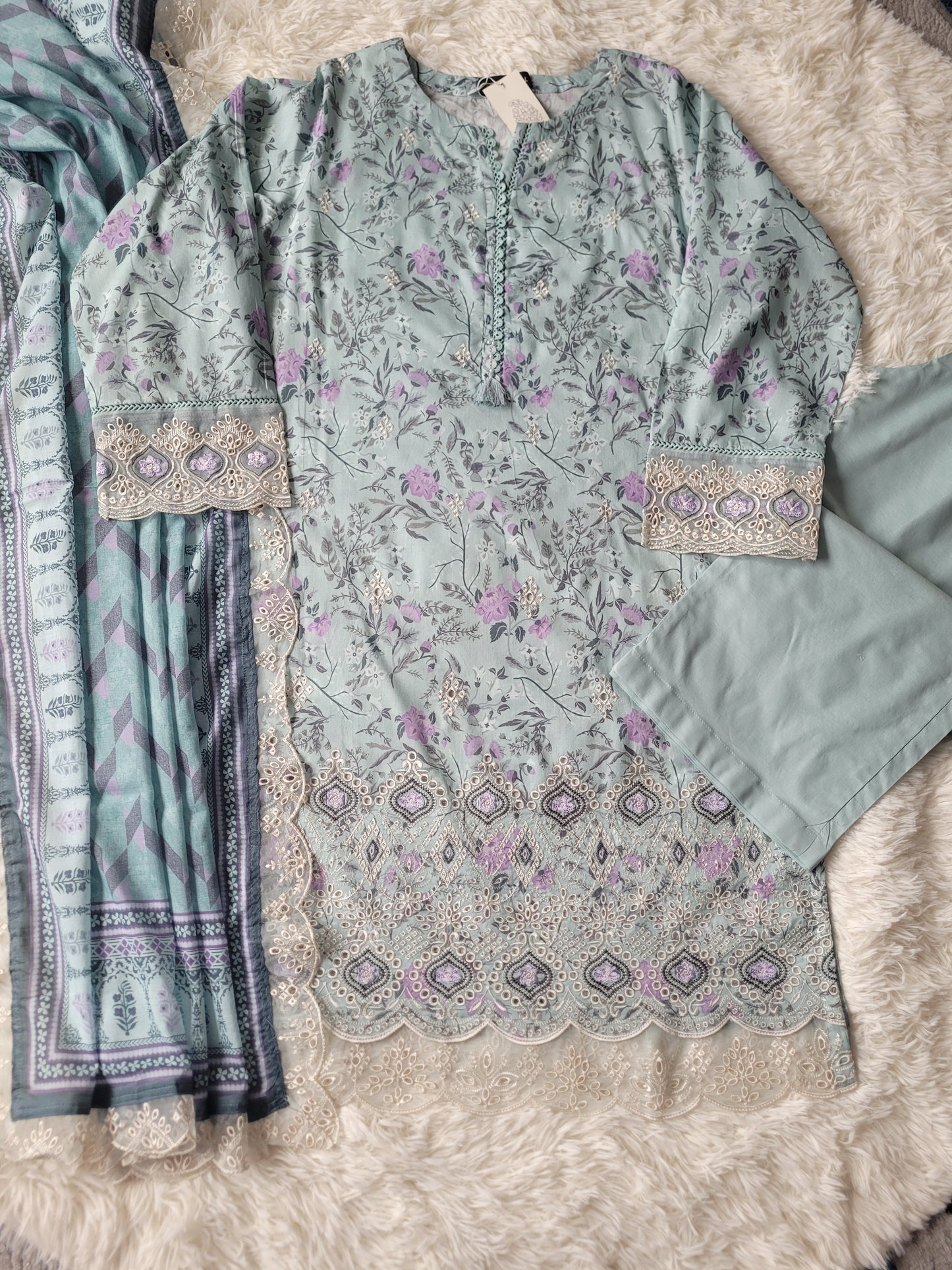 Bin Saeed Aqua Cascade: Printed Lawn Suit with Delicate Accents