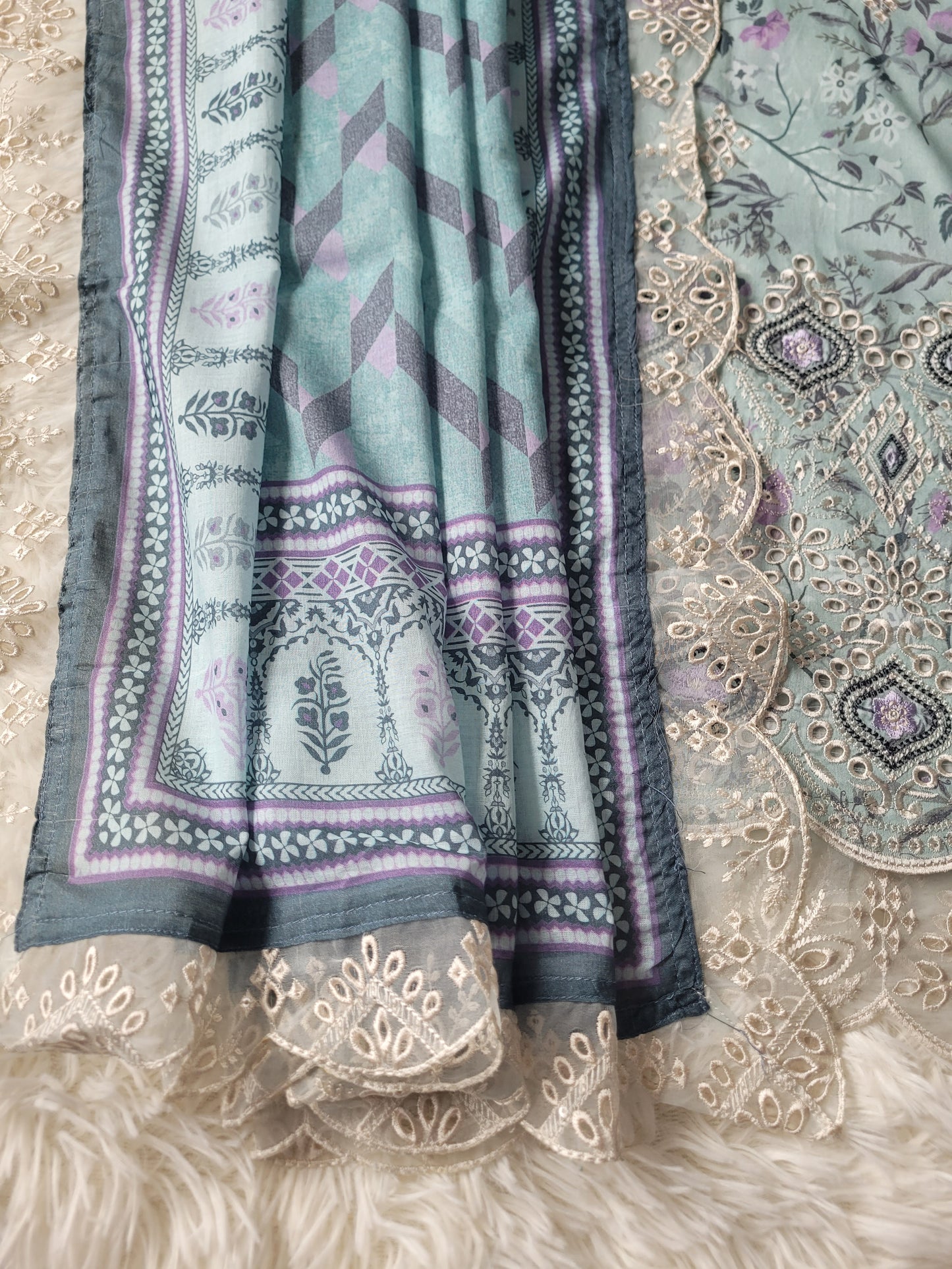 Bin Saeed Aqua Cascade: Printed Lawn Suit with Delicate Accents