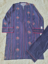 2 PC Printed Linen Suit - Navy Floral Stripe Kurta with Trousers