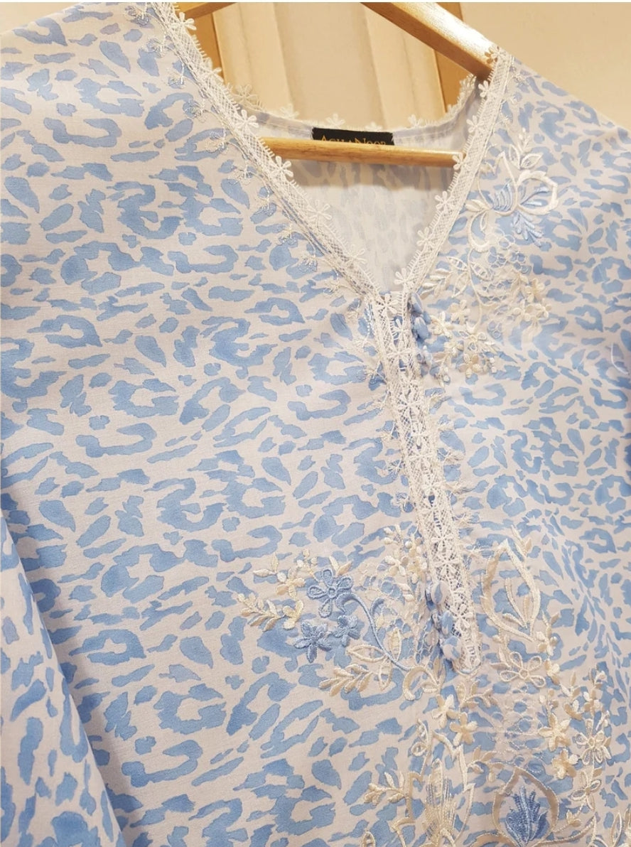 Agha Noor Azure Meadow: Embroidered Printed Lawn Shirt
